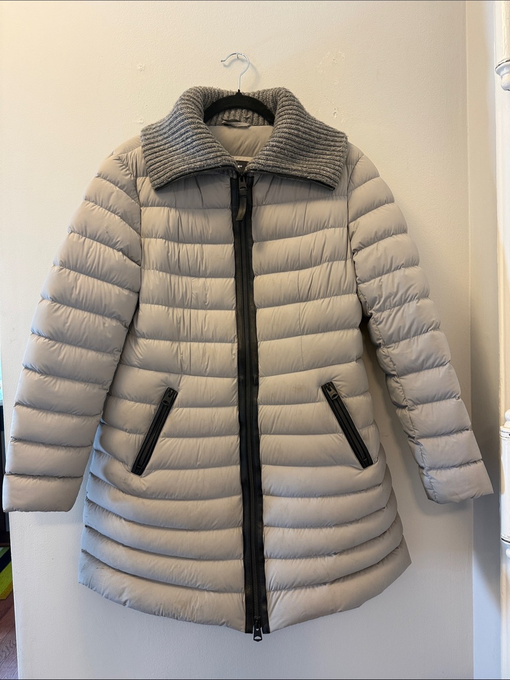 Mackage Light Gray Quilted Down Puffer Coat with Ribbed Collar and Leather Trim